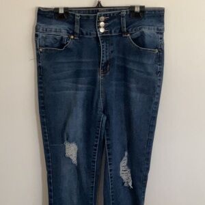 Blue High Rise Jeans with Distressed Details